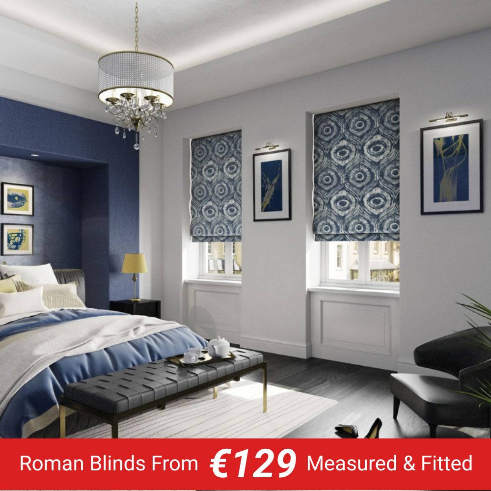 Roman Blinds in a Bedroom by M2M Blinds Dublin 